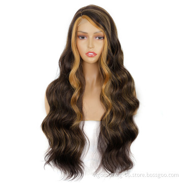 Highlight Blonde High Quality Side Part Synthetic lace Long Wavy Glueless Wig Women Cosplay Heat Resistant Fiber Curly Color Wig